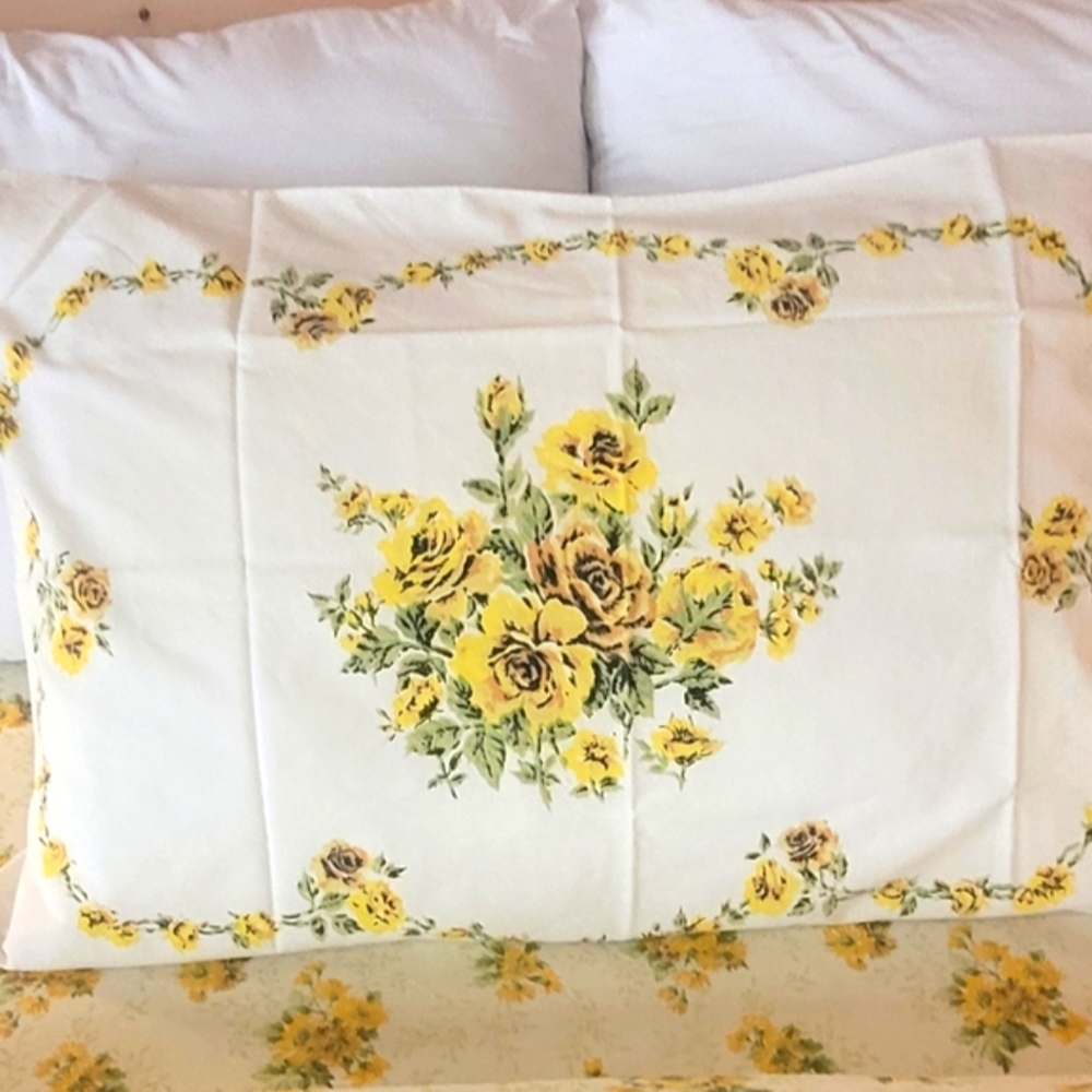 Vintage DBL Sz 3pc Bedding Set. Sunflowers Motif, Sears, 50/50 Blend - Picture 9 of 15